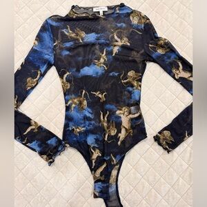 Dark Blue Angel Print Mesh Mock Neck Bodysuit